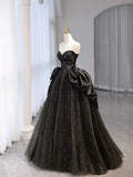 Black Shiny Tulle Floor Length Party Dress, Beautiful Strapless Evening Prom Dress HZ0429