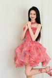 Red Floral Tulle Short Prom Dress, A-Line Sweetheart Neck Party Dress HZ0429
