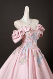 Pink Satin Lace Long Prom Dress, Lovely A-Line Off the Shoulder Evening Formal Dress HZ0429