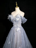 High quality Gray Blue Tulle Lace Long Prom Dress, Beautiful Off the Shoulder Evening Party Dress HZ0429