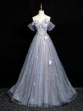 High quality Gray Blue Tulle Lace Long Prom Dress, Beautiful Off the Shoulder Evening Party Dress HZ0429