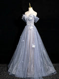 High quality Gray Blue Tulle Lace Long Prom Dress, Beautiful Off the Shoulder Evening Party Dress HZ0429