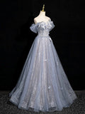 High quality Gray Blue Tulle Lace Long Prom Dress, Beautiful Off the Shoulder Evening Party Dress HZ0429