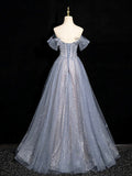High quality Gray Blue Tulle Lace Long Prom Dress, Beautiful Off the Shoulder Evening Party Dress HZ0429