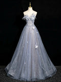 High quality Gray Blue Tulle Lace Long Prom Dress, Beautiful Off the Shoulder Evening Party Dress HZ0429