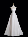 White Satin Floor Length Prom Dress with Pearl, White Strapless Evening Party Dress HZ0429