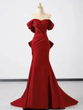 Burgundy Satin Long Prom Dress, Mermaid Off Shoulder Evening Party Dress HZ0429