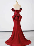 Burgundy Satin Long Prom Dress, Mermaid Off Shoulder Evening Party Dress HZ0429
