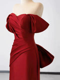 Burgundy Satin Long Prom Dress, Mermaid Off Shoulder Evening Party Dress HZ0429