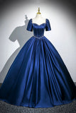 Blue Satin Floor Length Prom Dress, Elegant Short Sleeve Evening Party Dress HZ0429