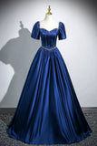 Blue Satin Floor Length Prom Dress, Elegant Short Sleeve Evening Party Dress HZ0429