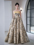Elegant Printed Pattern Long Prom Dress, A-Line Strapless Evening Party Dress HZ0429