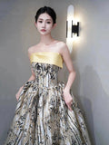 Elegant Printed Pattern Long Prom Dress, A-Line Strapless Evening Party Dress HZ0429