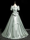 Green Satin Long Prom Dress, Beautiful A-Line Short Sleeve Evening Dress HZ0429