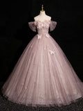 Pink Tulle Floor Length Prom Dress with Flowers, Beautiful Off the Shoulder Party Dress HZ0429