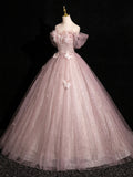 Pink Tulle Floor Length Prom Dress with Flowers, Beautiful Off the Shoulder Party Dress HZ0429