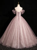 Pink Tulle Floor Length Prom Dress with Flowers, Beautiful Off the Shoulder Party Dress HZ0429