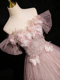Pink Tulle Floor Length Prom Dress with Flowers, Beautiful Off the Shoulder Party Dress HZ0429