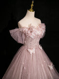 Pink Tulle Floor Length Prom Dress with Flowers, Beautiful Off the Shoulder Party Dress HZ0429