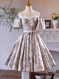 Lovely Gray Sequins Printing Bow Sash Party Dress, A-Line Spaghetti Strap Short Sleeve Prom Dress HZ0429