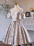 Lovely Gray Sequins Printing Bow Sash Party Dress, A-Line Spaghetti Strap Short Sleeve Prom Dress HZ0429