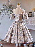 Lovely Gray Sequins Printing Bow Sash Party Dress, A-Line Spaghetti Strap Short Sleeve Prom Dress HZ0429