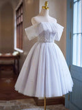 White Tulle Sequins Short Homecoming Dress, Lovely Off the Shoulder Evening Party Dress HZ0429