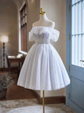 White Tulle Sequins Short Homecoming Dress, Lovely Off the Shoulder Evening Party Dress HZ0429