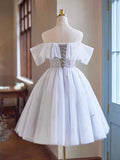 White Tulle Sequins Short Homecoming Dress, Lovely Off the Shoulder Evening Party Dress HZ0429