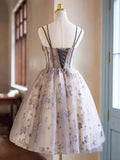 Gray Tulle Sequins Short Party Dress, Cute Spaghetti Strap Backless Evening Dress HZ0429