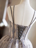 Gray Tulle Sequins Short Party Dress, Cute Spaghetti Strap Backless Evening Dress HZ0429
