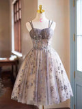 Gray Tulle Sequins Short Party Dress, Cute Spaghetti Strap Backless Evening Dress HZ0429