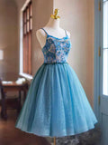 Blue Rhinestone Printing and Tulle Short Homecoming Dress, Beautiful Spaghetti Straps Sleeveless Backless Party Dress HZ0429
