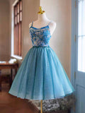 Blue Rhinestone Printing and Tulle Short Homecoming Dress, Beautiful Spaghetti Straps Sleeveless Backless Party Dress HZ0429
