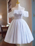 White Tulle Sequins Short Homecoming Dress, Lovely Off the Shoulder Evening Party Dress HZ0429