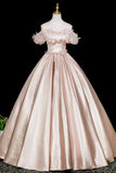 Pink Satin Long Prom Dress, A-Line Off the Shoulder Evening Party Dress HZ0429