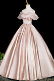 Pink Satin Long Prom Dress, A-Line Off the Shoulder Evening Party Dress HZ0429