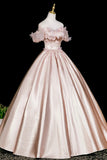Pink Satin Long Prom Dress, A-Line Off the Shoulder Evening Party Dress HZ0429