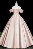 Pink Satin Long Prom Dress, A-Line Off the Shoulder Evening Party Dress HZ0429