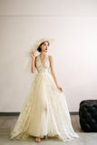 A-Line Tulle Lace Long Prom Dress, Elegant V-Neck Formal Evening Dress HZ0429