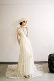 A-Line Tulle Lace Long Prom Dress, Elegant V-Neck Formal Evening Dress HZ0429