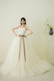 Ivory Tulle Lace Long Prom Dress, Beautiful A-Line Strapless Formal Evening Dress HZ0429