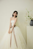 Ivory Tulle Lace Long Prom Dress, Beautiful A-Line Strapless Formal Evening Dress HZ0429
