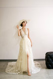 A-Line Tulle Lace Long Prom Dress, Elegant V-Neck Formal Evening Dress HZ0429