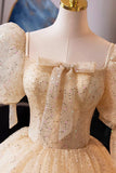 Champagne Tulle Sequins Long Prom Dress, A-Line Short Sleeve Evening Party Dress HZ0429