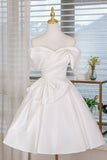 White Satin Knee Length Prom Dress, A-Line Off the Shoulder Party Dress HZ0429