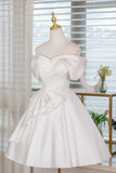 White Satin Knee Length Prom Dress, A-Line Off the Shoulder Party Dress HZ0429