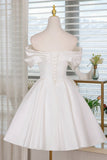 White Satin Knee Length Prom Dress, A-Line Off the Shoulder Party Dress HZ0429