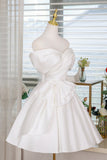 White Satin Knee Length Prom Dress, A-Line Off the Shoulder Party Dress HZ0429