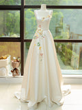 Elegant Satin Floor Length Formal Dress with 3D Flowers, Light Champagne A-Line Evening Party Dress HZ0429